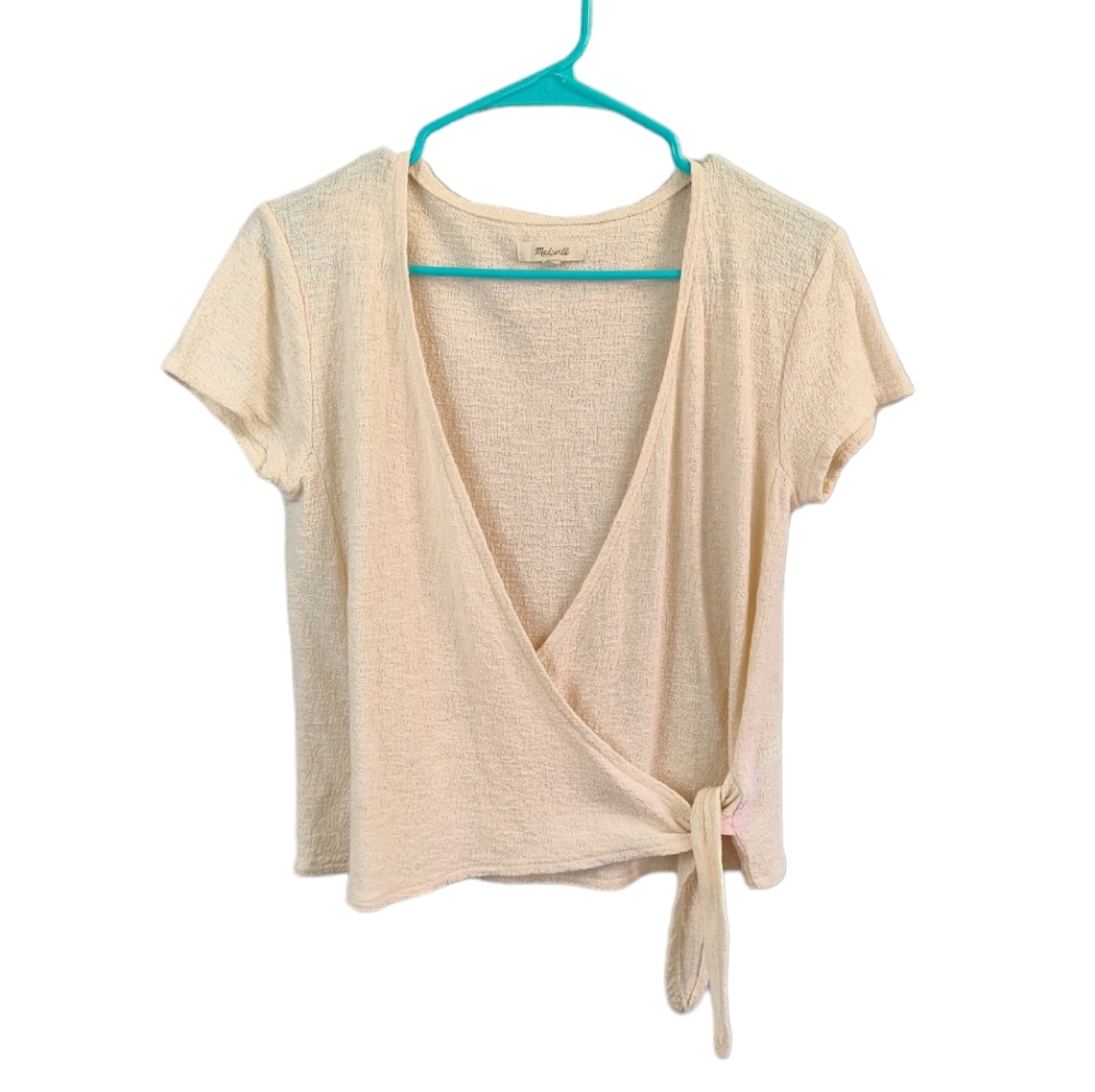 Madewell Texture & Thread Faux Wrap Tie Top XS Cream Crop Short Sleeve *READ